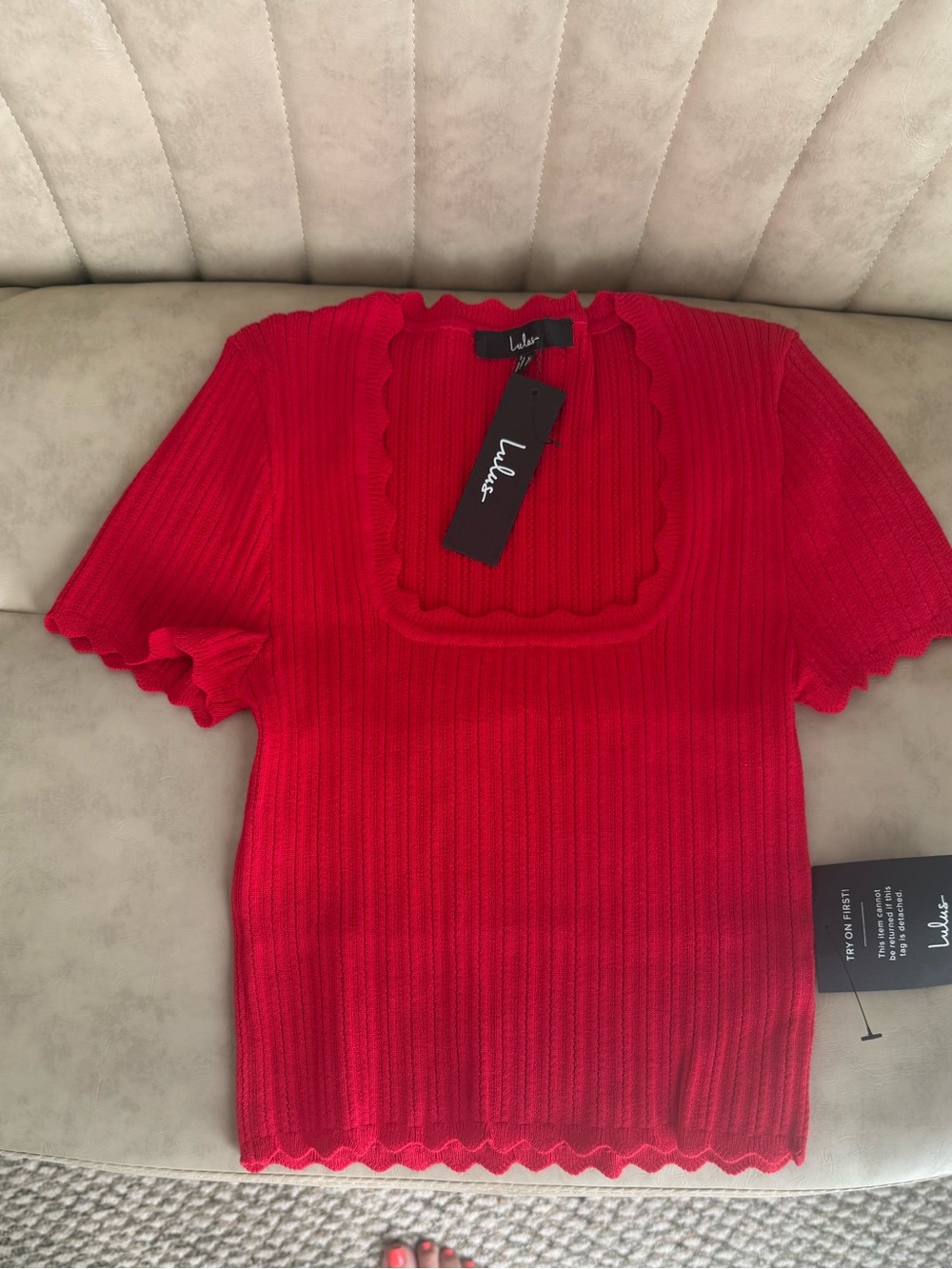 Lulus Bright Red Ribbed Short-Sleeve Knit Top xs nwt